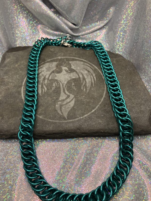 Sea Green colored chainmaille necklace woven in Persian 4 in 1 weave