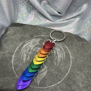 Long keychain with twelve overlapping scales in the colors of the classic pride flag