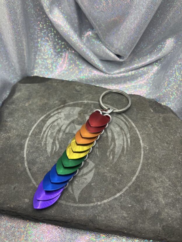 Long keychain with twelve overlapping scales in the colors of the classic pride flag